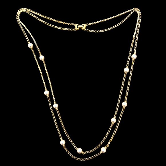 Napier Gold-Tone Double-Strand Chain  Necklace With Faux Pearl Accents- Vintage - Picture 3 of 7